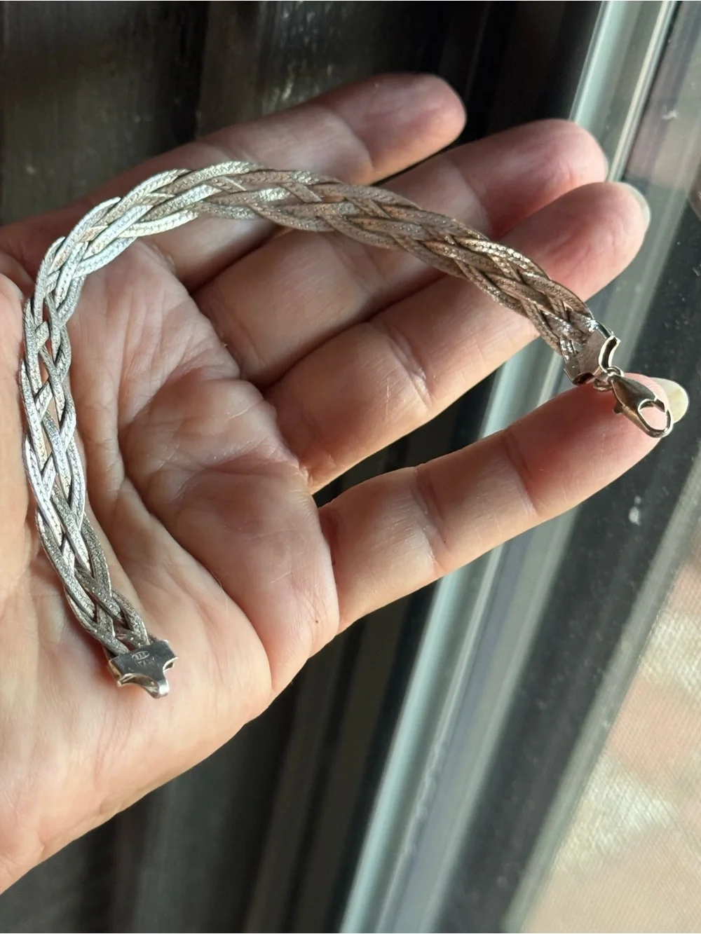 Vintage 1980s Sterling Silver Italy Braided Herringbone Bracelet Diamond Cut